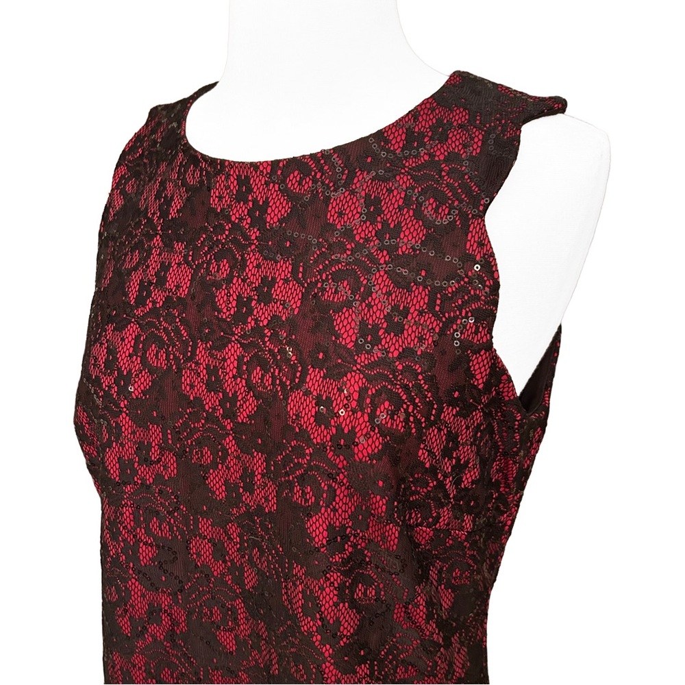 Anne Klein Black and Red Floral Lace Sequin Mini Dress - Picture 2 of 5